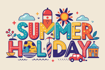 Colorful summer holiday illustration featuring sun, beach, and festive elements