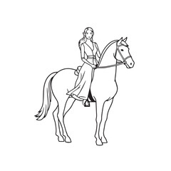 Black and white line art of a beautiful woman with perfect body riding horse elegant minimalist illustration
