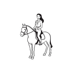 Black and white line art of a beautiful woman with perfect body riding horse elegant minimalist illustration