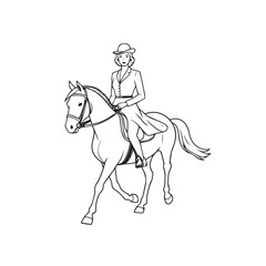 Black and white line art of a beautiful woman with perfect body riding horse elegant minimalist illustration
