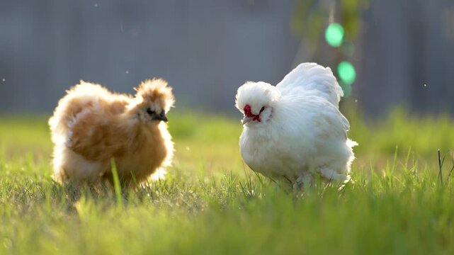 Happy silkie chicks sustainably raised in free range conditions. Domestic chicken on small backyard farm