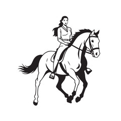 Fototapeta premium Black and white line art of a beautiful woman with perfect body riding horse elegant minimalist illustration