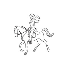 Black and white line art of a beautiful woman with perfect body riding horse elegant minimalist illustration