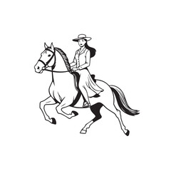 Black and white line art of a beautiful woman with perfect body riding horse elegant minimalist illustration
