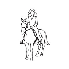 Black and white line art of a beautiful woman with perfect body riding horse elegant minimalist illustration