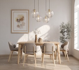 A neutral-toned dining area boasts a light wooden table and chairs, complemented by a minimalist abstract print and modern pendant lights.