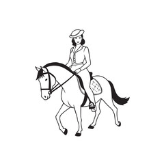 Black and white line art of a beautiful woman with perfect body riding horse elegant minimalist illustration