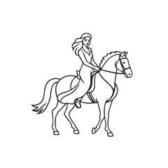 Black and white line art of a beautiful woman with perfect body riding horse elegant minimalist illustration