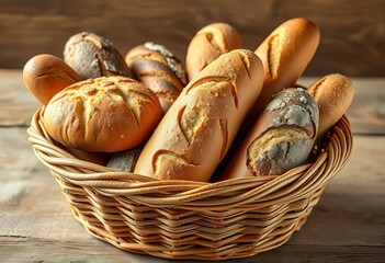 A rustic basket overflowing with various loaves of freshly baked bread,   grain,   fresh
