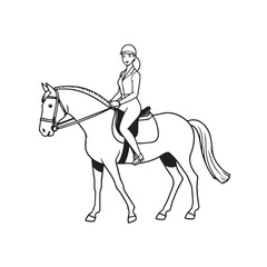 Black and white line art of a beautiful woman with perfect body riding horse elegant minimalist illustration