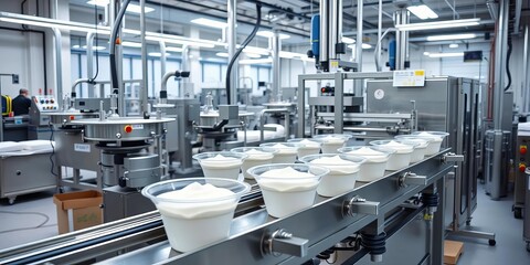Automated yogurt production line machinery in a clean factory setting, cups, food processing