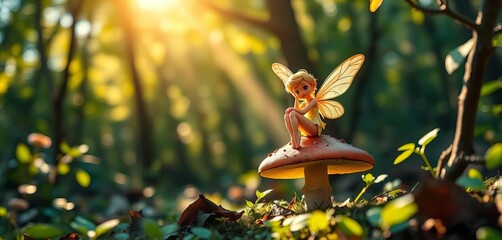 A whimsical fairy with delicate wings, perched on a mushroom in a sun-dappled forest,  painting, fairy