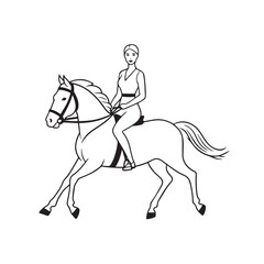 Black and white line art of a beautiful woman with perfect body riding horse elegant minimalist illustration