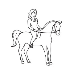 Black and white line art of a beautiful woman with perfect body riding horse elegant minimalist illustration