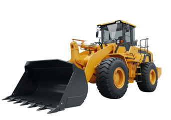 Fototapeta premium Pristine yellow wheel loader, black/yellow bucket, chrome hydraulics, tires, isolated on transparent, shadowless light, concept of industrial power.