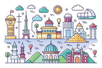 Colorful illustration of famous landmarks from around the world showcasing cultural diversity and iconic architecture