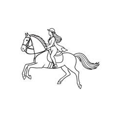 Black and white line art of a beautiful woman with perfect body riding horse elegant minimalist illustration