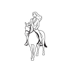 Black and white line art of a beautiful woman with perfect body riding horse elegant minimalist illustration