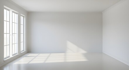 Fototapeta premium Empty White Room with Large Windows and Sunlight Shadows