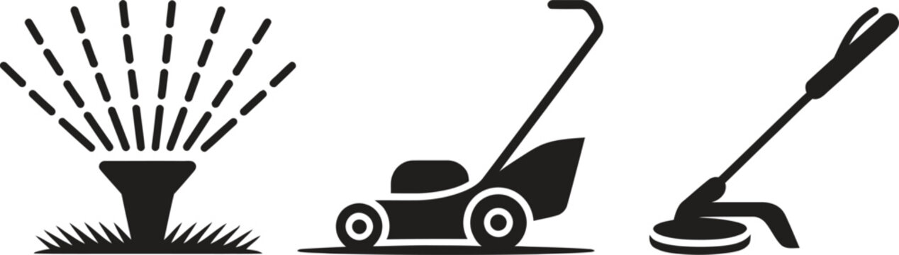 Black silhouette icons of lawn sprinkler lawn mower and weed trimmer