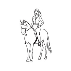 Black and white line art of a beautiful woman with perfect body riding horse elegant minimalist illustration