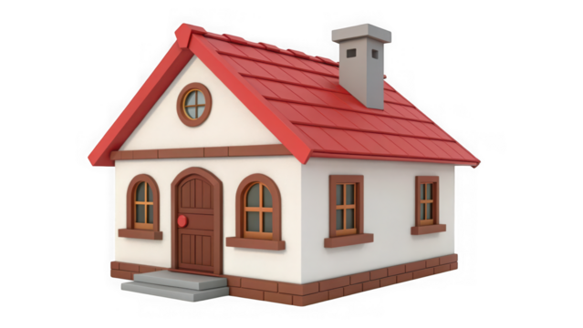 Charming cartoon house with red roof isolated on transparent background