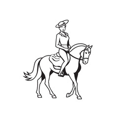 Black and white line art of a beautiful woman with perfect body riding horse elegant minimalist illustration