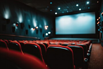 Empty movie theater auditorium.  Rows of red seats face a large blank screen.  Dimly lit, dark walls