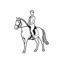Black and white line art of a beautiful woman with perfect body riding horse elegant minimalist illustration