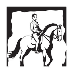 Black and white line art of a beautiful woman with perfect body riding horse elegant minimalist illustration