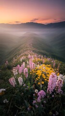 Fototapeta premium Beautiful Mountain Meadow at Sunset with Flowers and Foggy Background