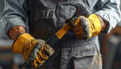 Worker hands holding hammer with yellow safety gloves