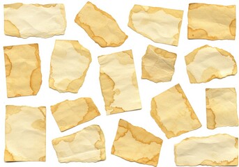  Tea-Stained Paper Fragments on White Background