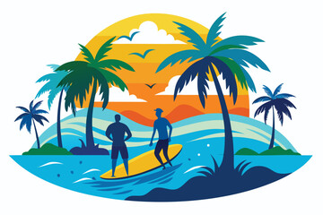 Surfers enjoying sunset at the beach with palm trees and vibrant waves