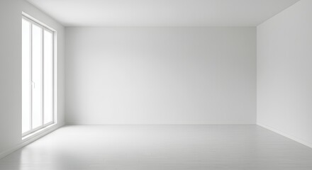 Minimalist Empty Room with Large Window and White Wooden Floor
