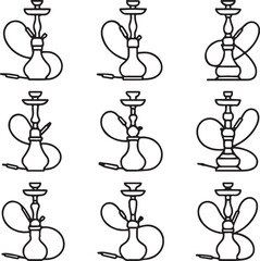 Nine Outline Hookah Pipe Icons With Different Hose Arrangements shisha waterpipe
