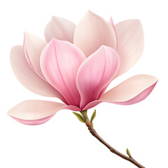 Fototapeta premium Delicate pink magnolia blossom unfurling on a thin branch isolated on a transparent background flower