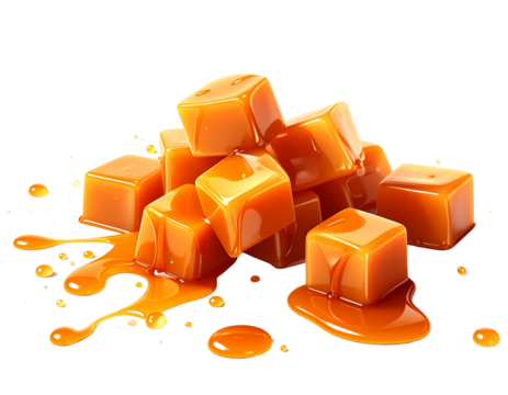 Caramel Candy Pieces with Drizzled Sauce – Minimalist Isolated - Powered by Adobe