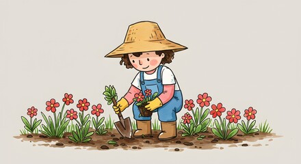 Happy Cartoon Child Gardening and Planting Flowers in a Field
