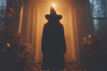 Person in witch costume at doorway.