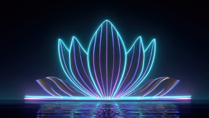 A vibrant, neon-lit lotus flower design, showcasing intricate lines and a dark, reflective pool backdrop.