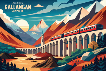Train travels over a scenic viaduct amidst mountains during sunset in Gallangan Sanptars