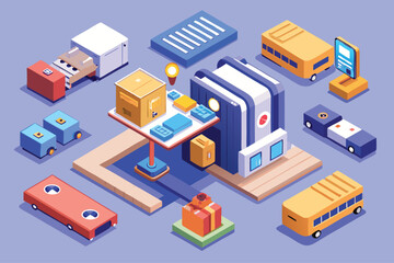 Obraz premium 3D illustration of a logistics center with delivery vehicles and packages on a blue background