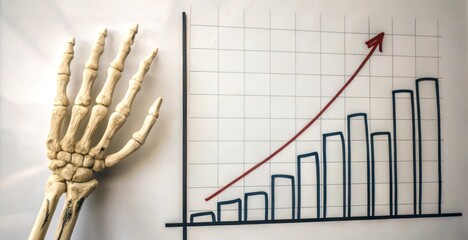 Halloween spooky meeting concept. Skeleton hand next to a growing bar graph, symbolizing growth and development in a creative way.
