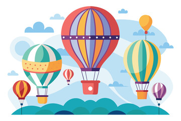 Fototapeta premium Colorful hot air balloons flying over green hills on a sunny day with blue sky and fluffy clouds