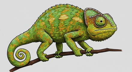 Obraz premium Vibrant Green Chameleon Clinging to a Branch
