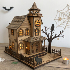 Halloween Haunted House Miniature with Spooky Tree and Glowing Lights, Halloween house scene lamp laser png