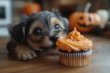 Small dog enjoying a cupcake on table.