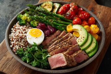 Colorful balanced plate with vegetables, lean protein, and grains, styled food photography highlighting healthy nutrition