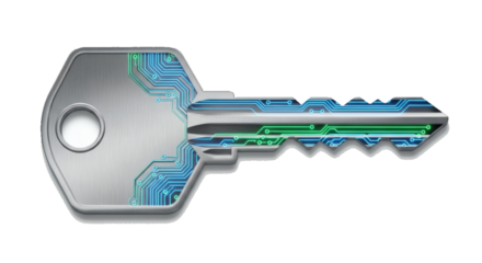Digital Key with Transparent Overlay Revealing Circuitry, Symbolizing Security and Technology Access